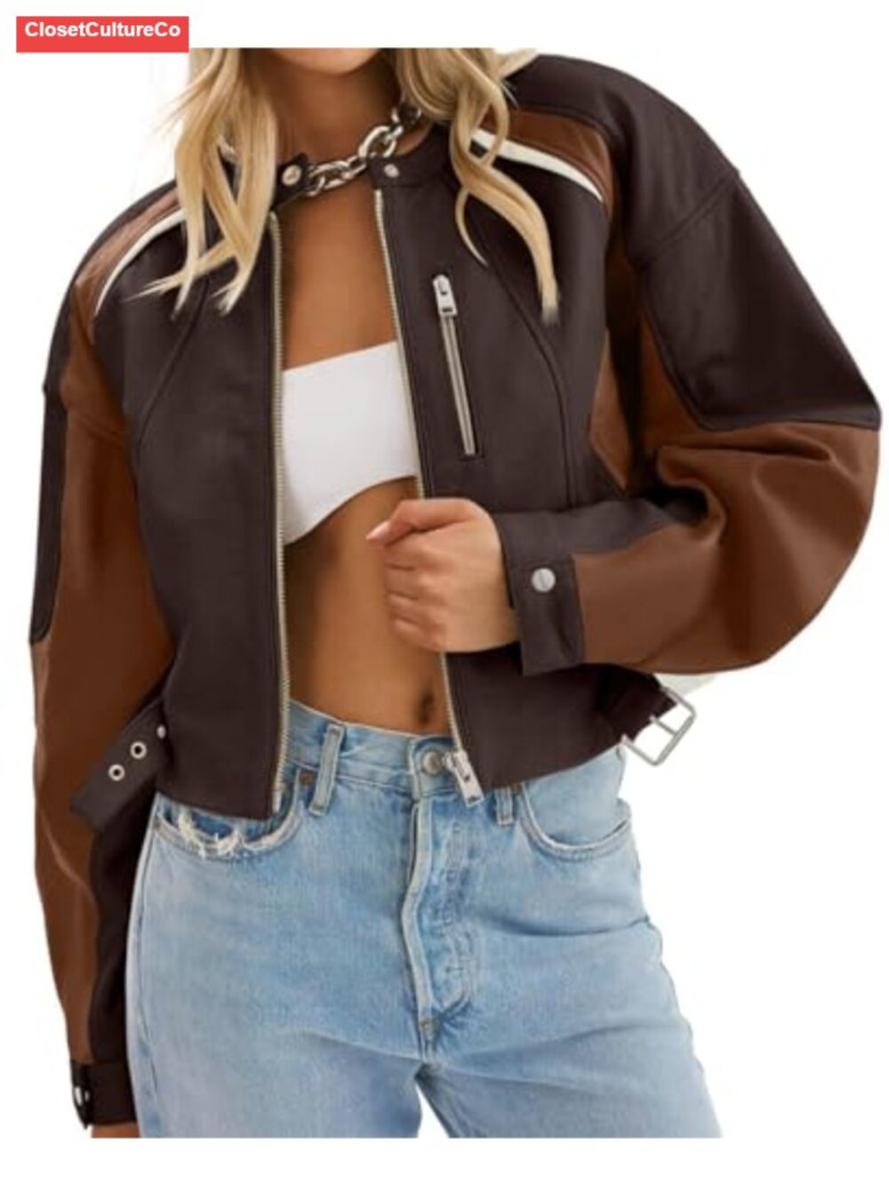 Faux Leather Bomber Jacket Cropped Moto Biker Collarless